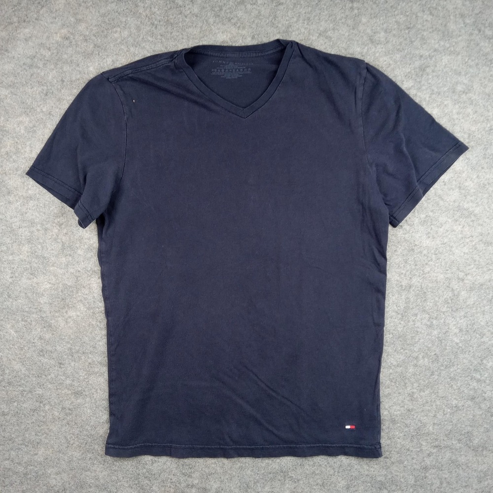 Tommy Hilfiger Shirt Mens Medium Navy V-Neck Short Sleeve Flag Logo Tee Casual